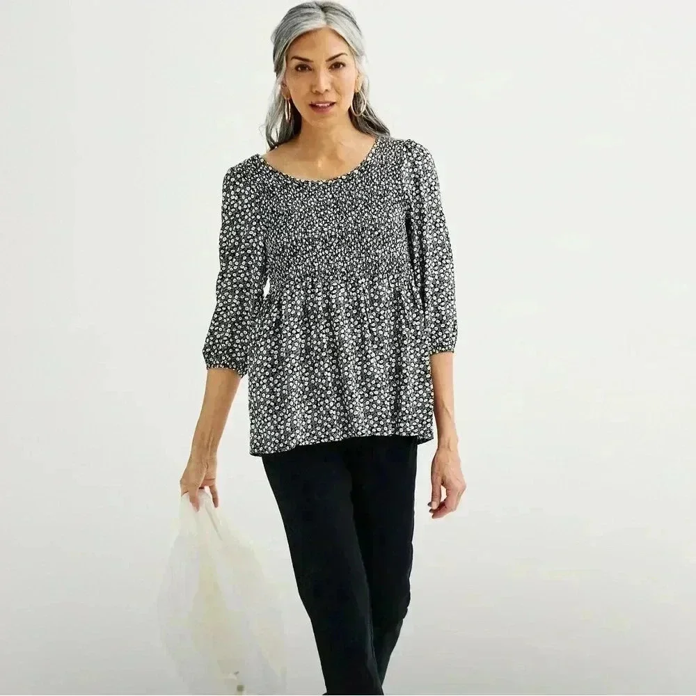 Croft & Barrow Women's Three-Quarter Sleeve Smocked Blouse - Picture 14 of 14